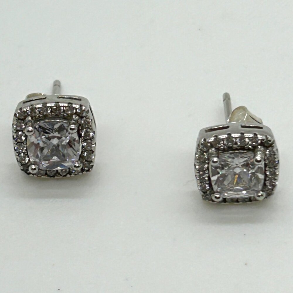 Sterling Silver Square Halo Stud Earrings Princess Cut CZ Cubic Zirconia Bridal